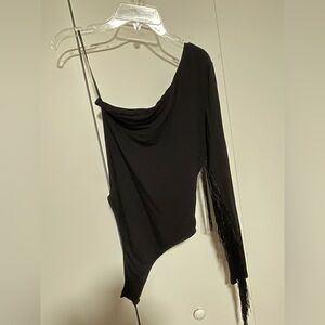 Black Fringe One-Shoulder Top
